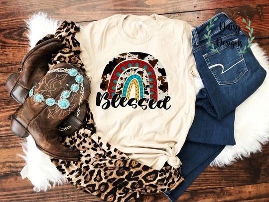 Blessed - Cow Print Rainbow